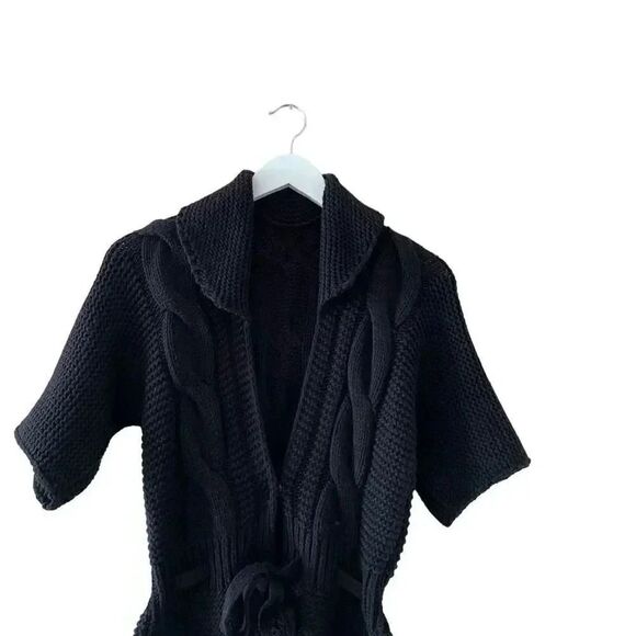 Black Knit Open Front Tie Snap Button Closure ¾ Sleeves Sweater Women’s Cardigan - Picture 4 of 13